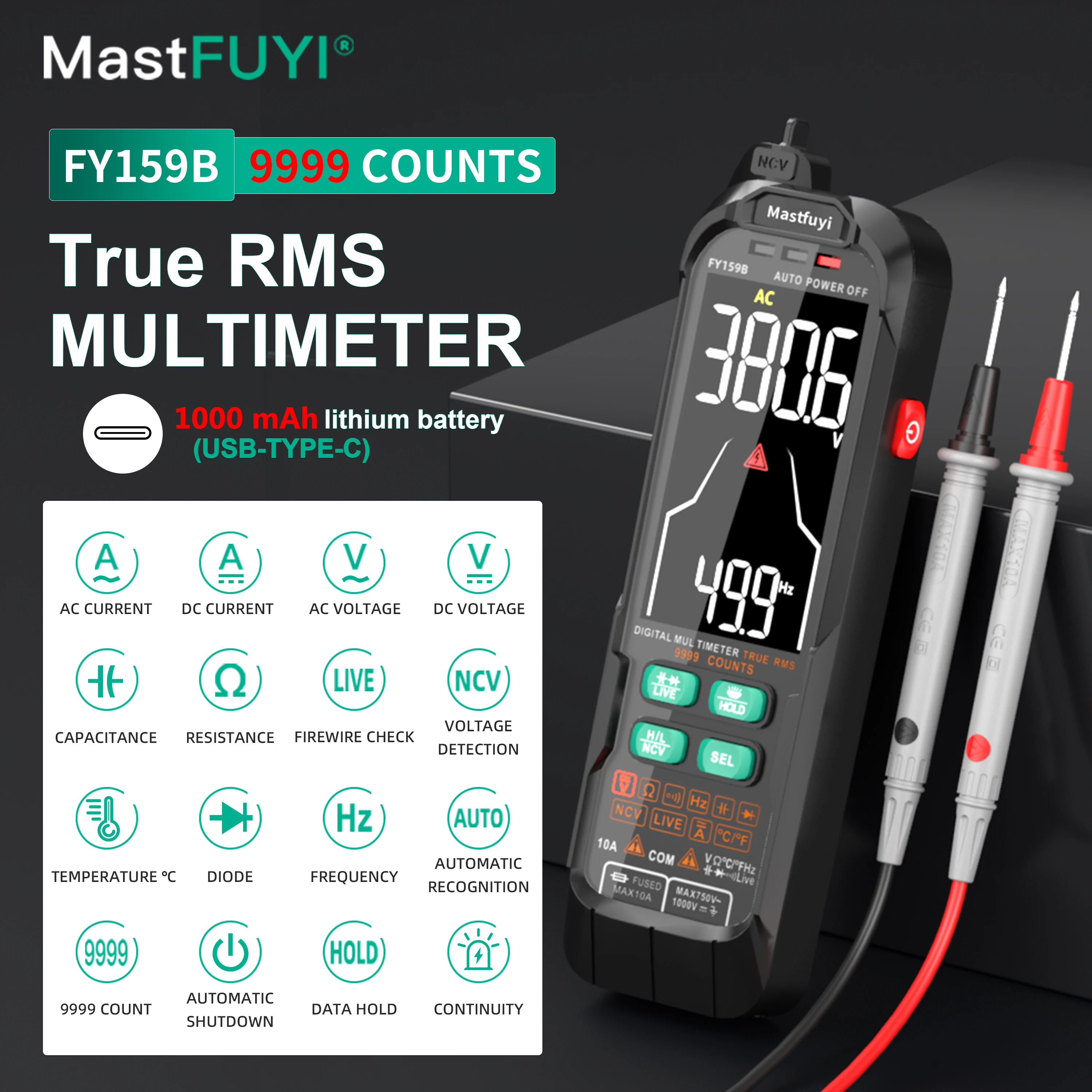 MASTFUYI Digital Multimeter Electrical Tool Measures AC/DC Voltage Current Capacitance Resistance Diode Temperature Rechargeable