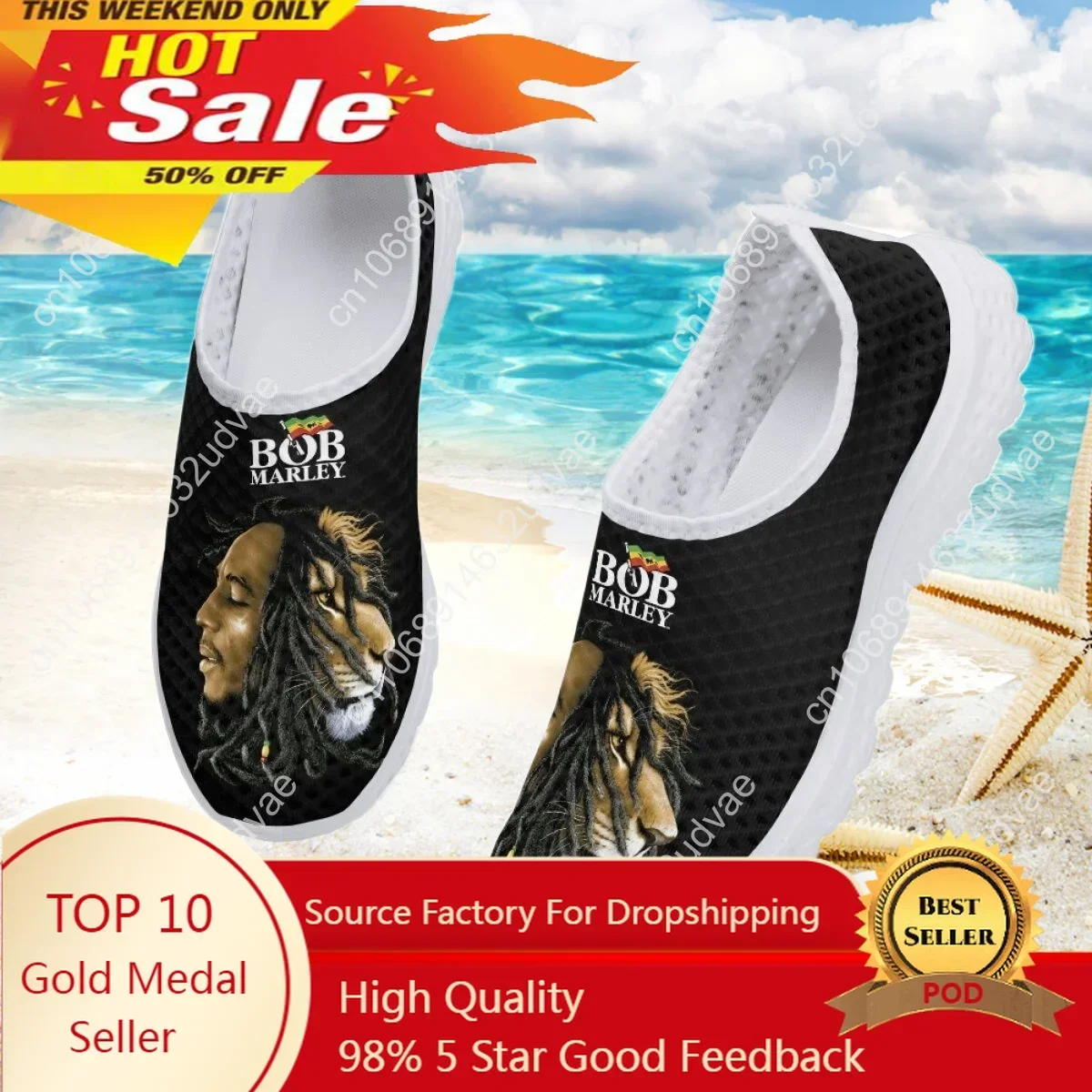 Cool Bob Marley And Lion Print Man Flat Shoes Breathable Slip-on Mesh Sneakers Shock Absorption Casual Tennis Beach Loafers 2023
