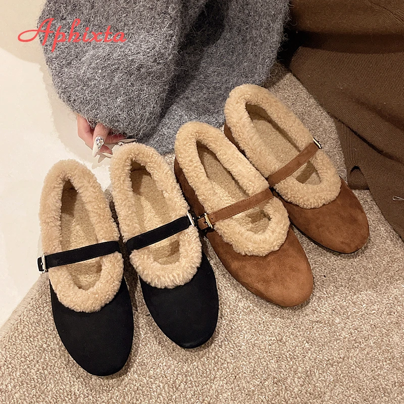Aphixta Slip On Furry Woman Flat With Shoes Buckle Shallow Winter Warm Woman Shoes Fashion Flats Casual Mary Janes