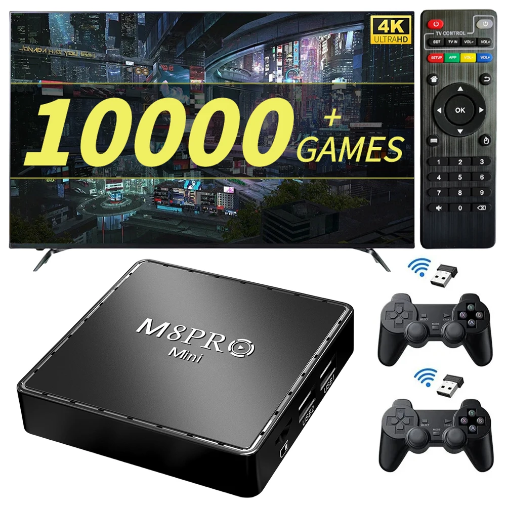 M8 Pro Mini 4K Video Game Console 10000 Games Emuelec 9 Emulator Retro Game Machine Android Smart TV Box Dual Wireless Control
