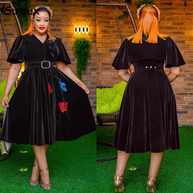 

African Party Dresses For Women Clothing 2023 Elegang Velvet Embroidery A Line Dress African Clothes Robe Africaine Femme Prom