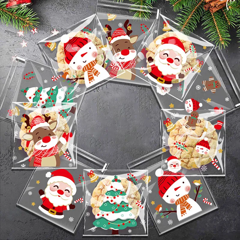 Christmas Gift Bags 100pcs Christmas Treat Bags-Self-Sealing Disposable Opp Candy & Cookie Pouches With Festive Cartoon Designs For Holiday Gifts