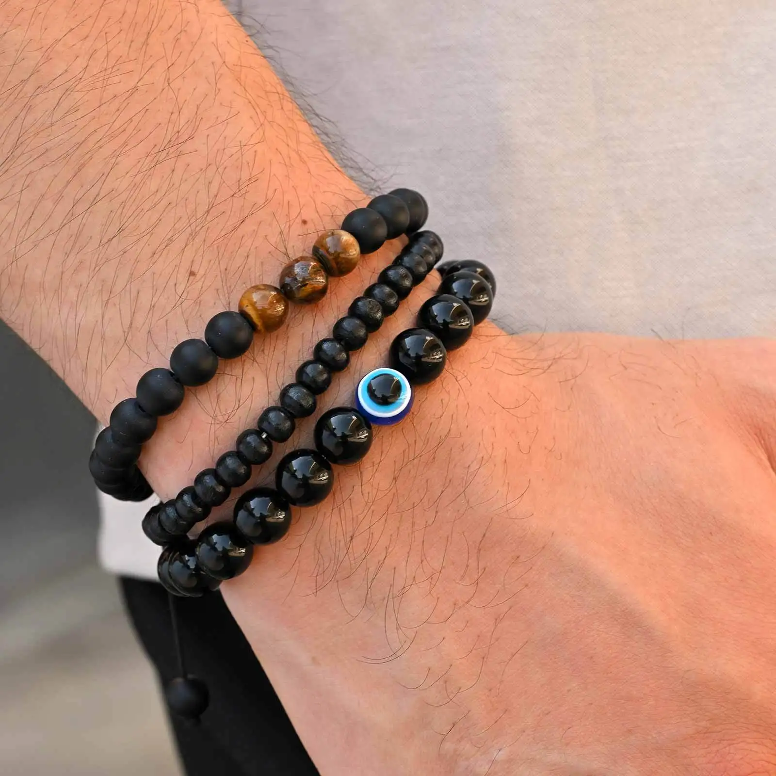 3pcs Black Beaded Bracelet for Men,Natural Agate Wooden Bead Wristband,Punk Stacked Bead Bracelet Gift
