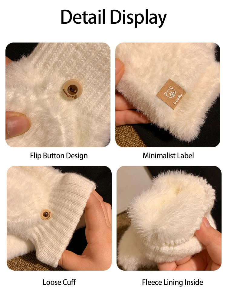 Winter frauen Fuzzy Handschuhe Flip-Top Student Schreiben Fingerlose Fäustlinge Warme Dicke Nette Bär Tippen Büro Plüsch Dame handschuhe – Detail 9