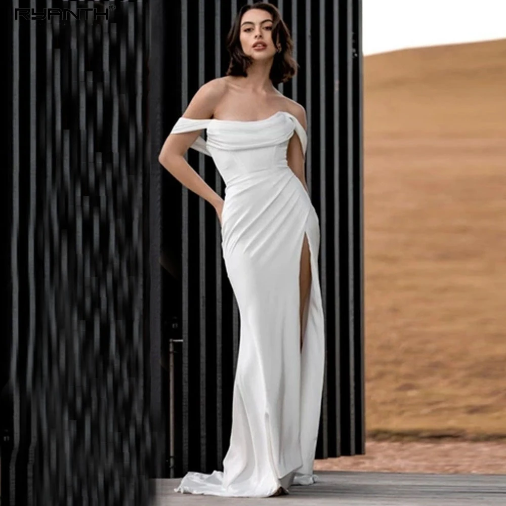 

2023 Simple Off the Shoulder Mermaid Wedding Dresses Soft Satin Vestidos Sexy High Slit Bridal Marriage Gowns Свадебное платье