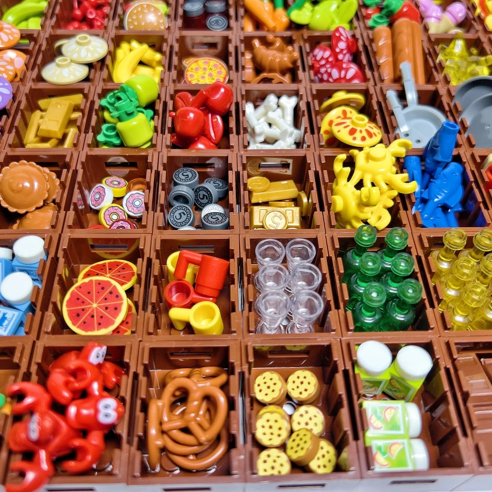 MOC Foods and Tools Building Blocks DIY Toys Seafood Meat Vegetables Fruit Dessert Goblet Dishes Small Particles Building Blocks 3