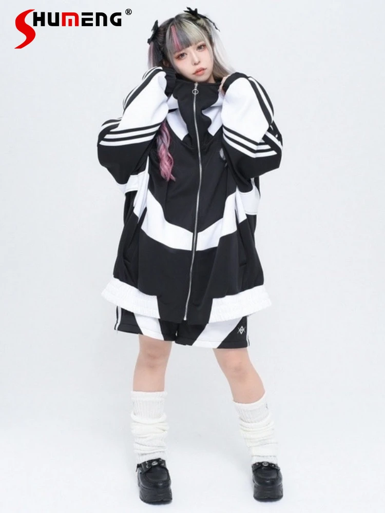 Japanese Harajuku Style Autumn Clothes Woman Casual Mine Black and White Coat Sportswear Hooded Hoodie Loose Removable Trousers