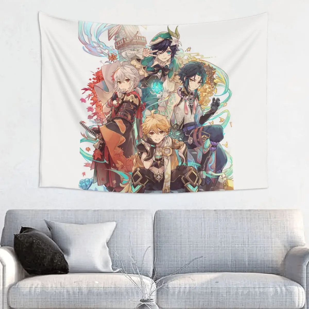 Аниме гобелен Genshin Impact, настенные гобелены из полиэстера хиппи Kazuha Xiao Aether богемный Декор Dorm, настенная ткань