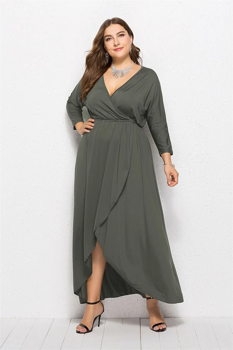 

Summer New Plus Size Women Clothing Solid Ankle Length Sexy Deep V-neck Irregular Large Hem Long High Elastic Party Dress Femal