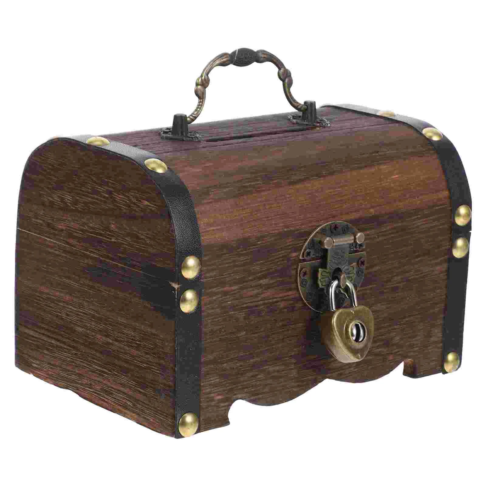 Treasure Chest Piggy Bank with Key Lock Wedding Coin Wooden Savings Dark Brown Child 3