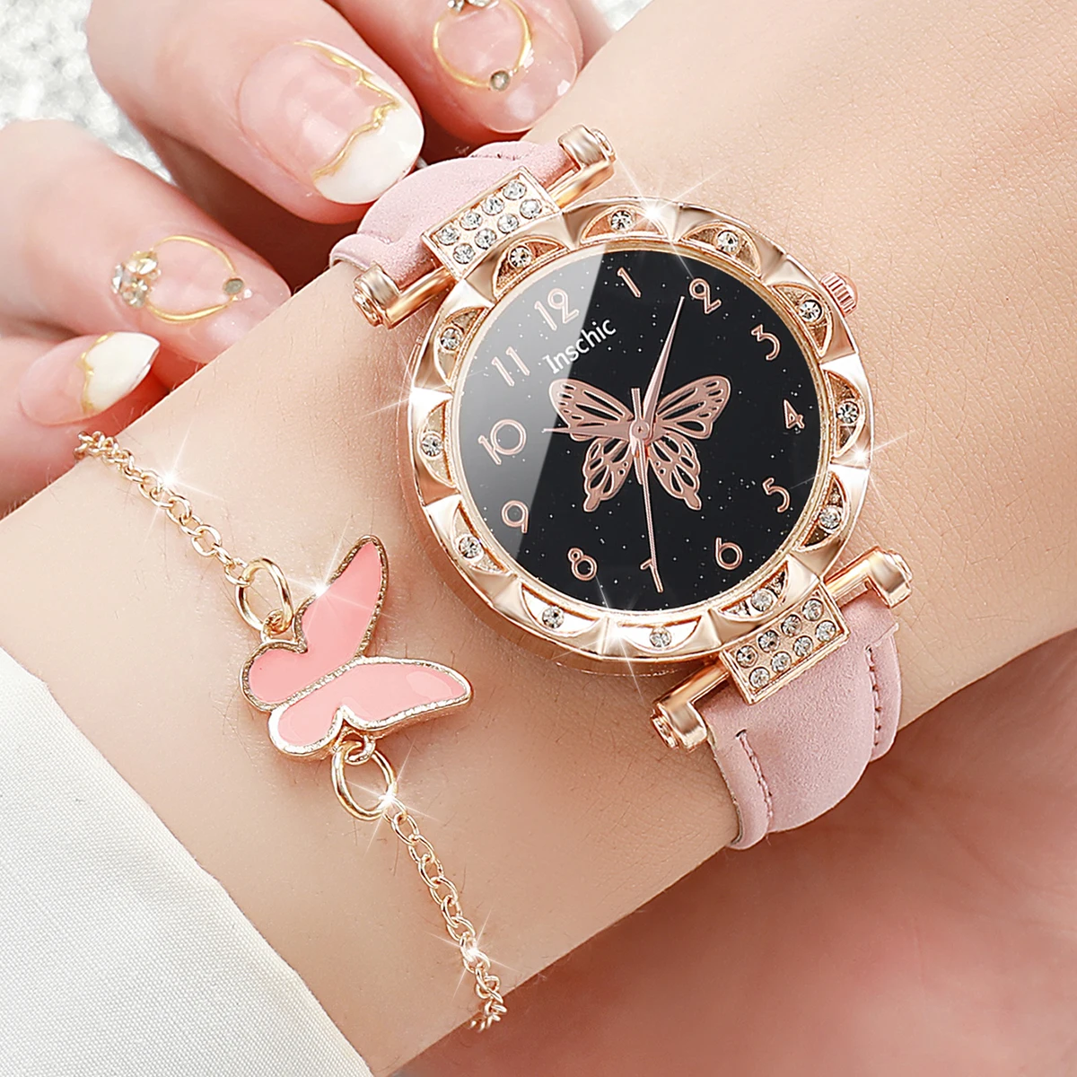 2pc Elegant Chic Women\'s White Quartz Wrist Watch & Butterfly Bracelet Gift Set Luxury Women main image 4