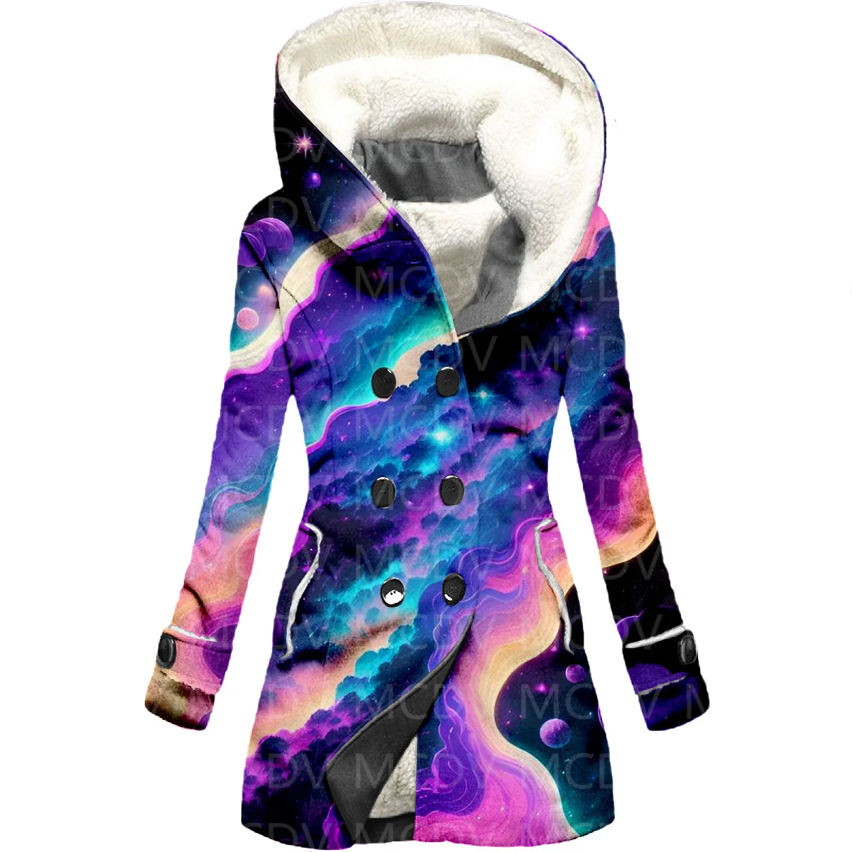 Retro Geometry 3D Printing Fleece Hooded Cloak Women Thick Warm Coat Women's Winter Warm Overcoat 01