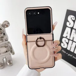 Elegant Leather Ring Holder Case with Magnetic Stand and Matte Shockproof Design - Galaxy Z Flip5 (Pink)