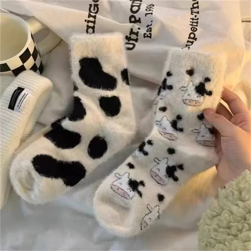 2 Pairs Cute Cow Spots Print Socks, Thickened & Warm Coral Fleece Socks, Women's Stockings & Hosiery
