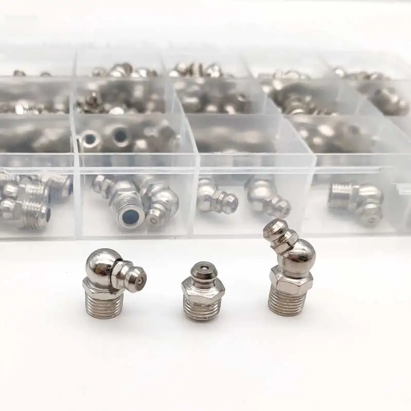170pcs 90 Degree and Straight Type M6M8M10 Metric Size Hydraulic Zerk Grease Nipple Fitting Male thread Oil mouth Assortment Kit