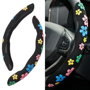 2PCS Universal Suede Car Steering Wheel Cover Booster Floral Print Anti-slip For Women Lady Car Interior Accessories 1