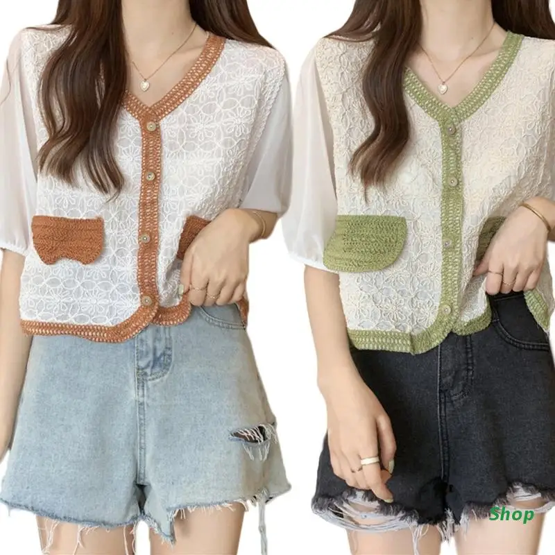 

L5YC Female Embroidery T Shirt Tops Women Patchwork Cardigan Girl Chiffon Blouse Tops