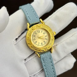 Elegant Women's Leather Watch with Retro Round Dial and Slim Gold Strap (Golden blue)