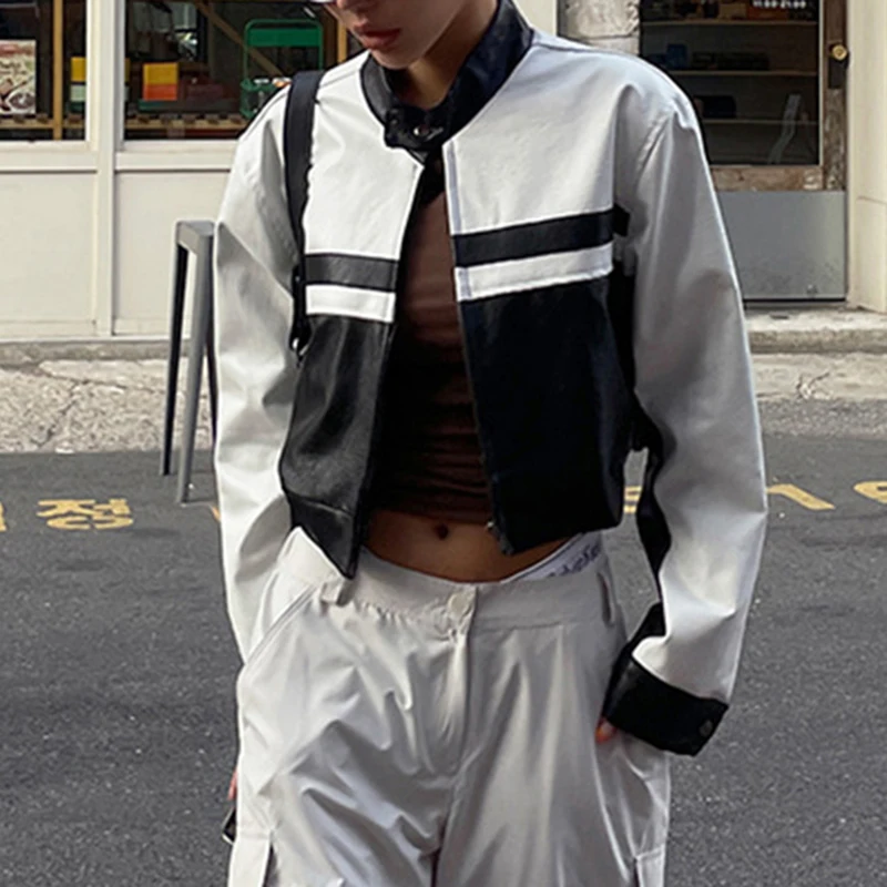 

PU Leather Jackets Streetwear Black White Contrast Autumn Fashion Cropped Coat for Women y2k Casual Zipper Outerwear