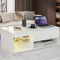 Table basse moderne Fangange avec dessus relevable et éclairage LED RGB, table basse blanche brillante avec tiroir de rangement et vitrine en verre, table multifonctionnelle pour salon 100x55x35cm 1