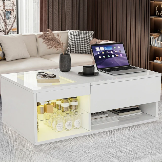 Table basse moderne Fangange avec dessus relevable et éclairage LED RGB, table basse blanche brillante avec tiroir de rangement et vitrine en verre, table multifonctionnelle pour salon 100x55x35cm 1