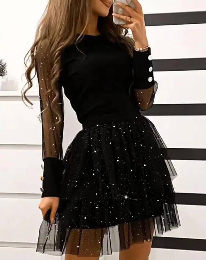 

Women's Spring and Summer New A-Line Skirt Glitter Long Sleeve Layered Sheer Mesh Party Dressc