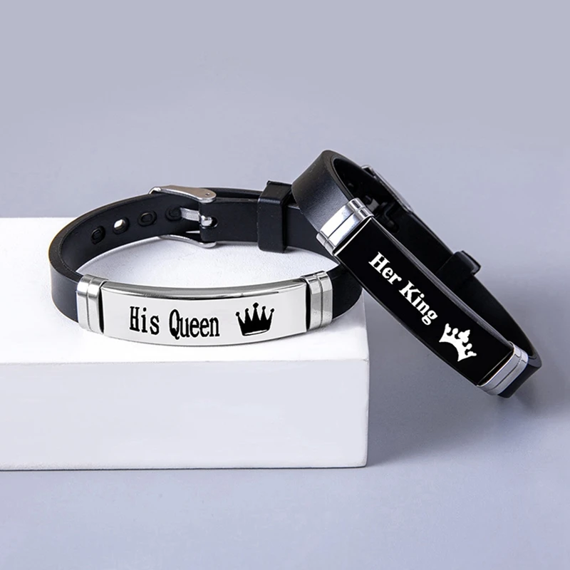 2 Pcs/Set Crown Her King His Queen Trendy Sport Silicone Couple Bracelet Bangle Unisex Lover Bracelets Gift silicone wristband