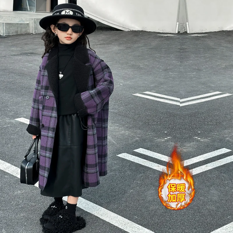 Girls Woolen Coat Overcoat Jacket Windbreak 2024 Long Warm Plus Thicken Autumn Winter Cotton Teenagers Children's Clothing