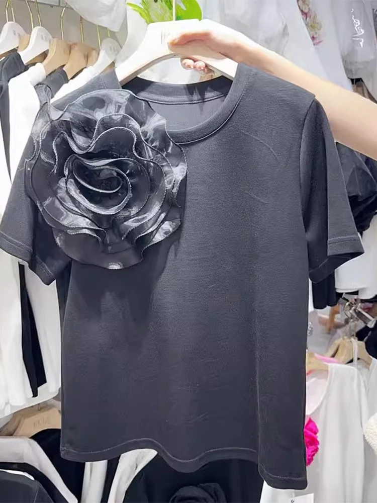 

Женская хлопковая футболка с коротким рукавом, однотонная Свободная Повседневная футболка с 3D цветами в Корейском стиле, модель 2024 на лето, 43909