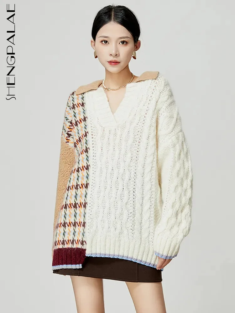 

SHENGPALAE Mohair V-neck Sweater For Women Fashion Plaid Spliced Full Sleeve Temperament Knitting Pullover Autumn 2023 New R6942