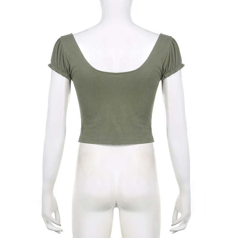 Camiseta corta verde vintage para mujer, con volantes, cuello cuadrado Y2K, estilo grunge, camiseta sexy y elegante de manga corta, ropa de calle