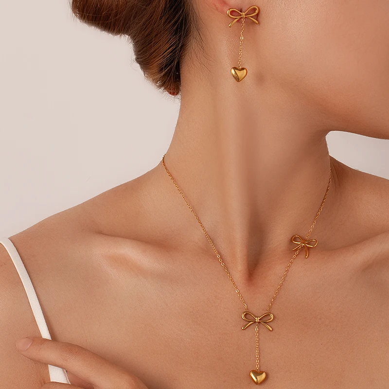 ANENJERY 316L Stainless Steel Smooth Bowknot Heart Tassel Necklace Earring For Women Delicate French Jewelry Set Gifts