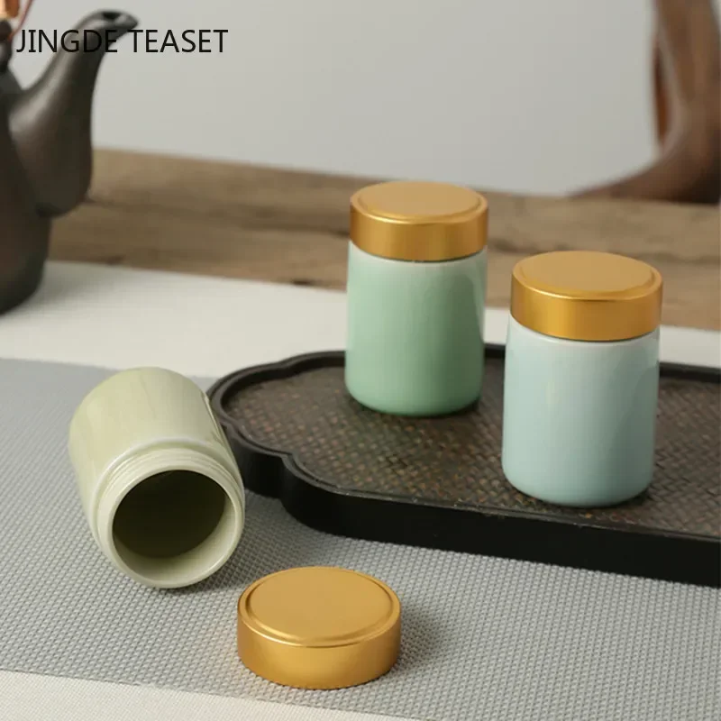 Tea Tin Box Tea Canister Airtight Container Creative Celadon Small Tea Caddy Portable Sealed Storage Tank Travel Tea Boxes Ceramic Coffee Canister Kitchen Spice Candy Jar