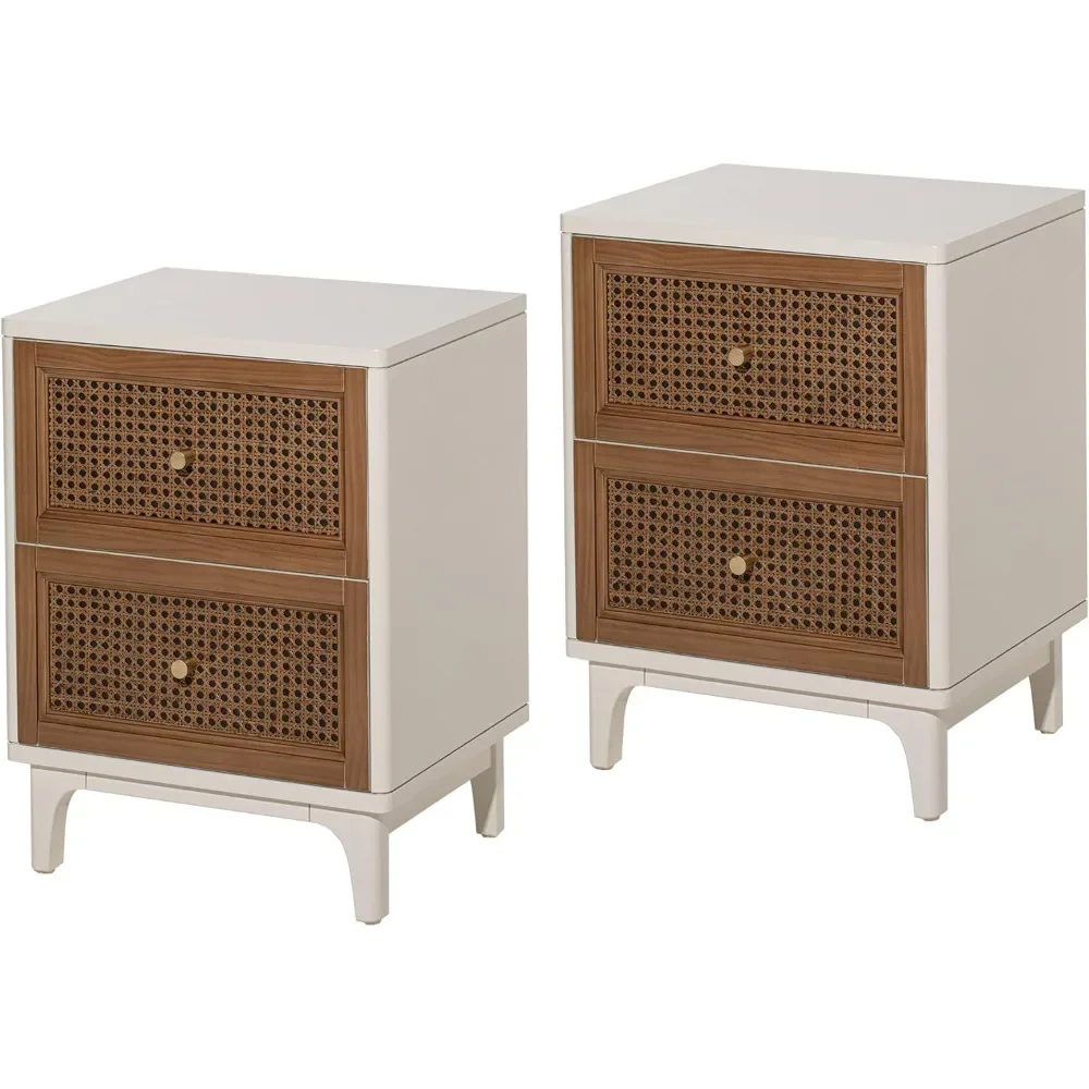 Farmhouse 3-Drawer Nightstand, Woven Cane Front Accent Dresser with Brass Pull, Fully-Assembled