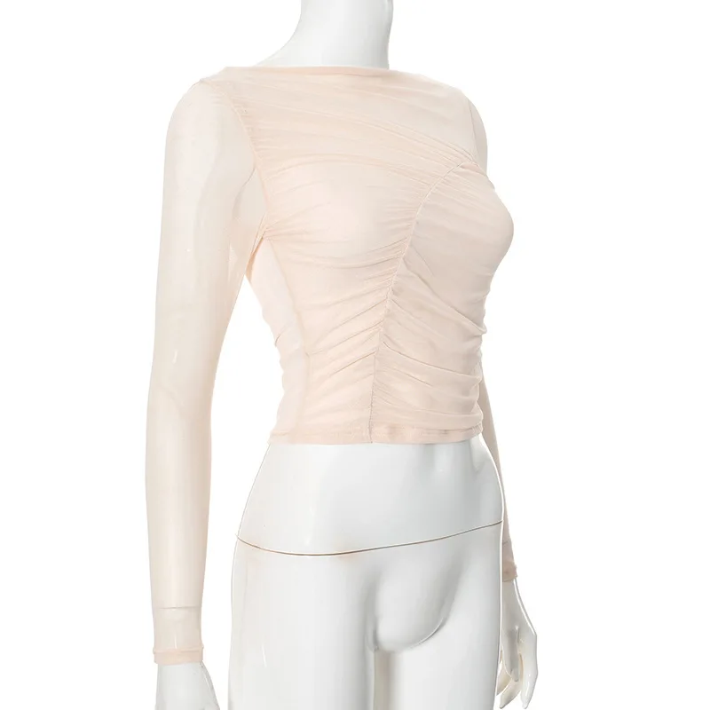 Summer See-Through Mesh T-shirt Top Women Pleated Patchwork See-Through Slim Cropped Top Tee Female Solid T-shirt Pullover