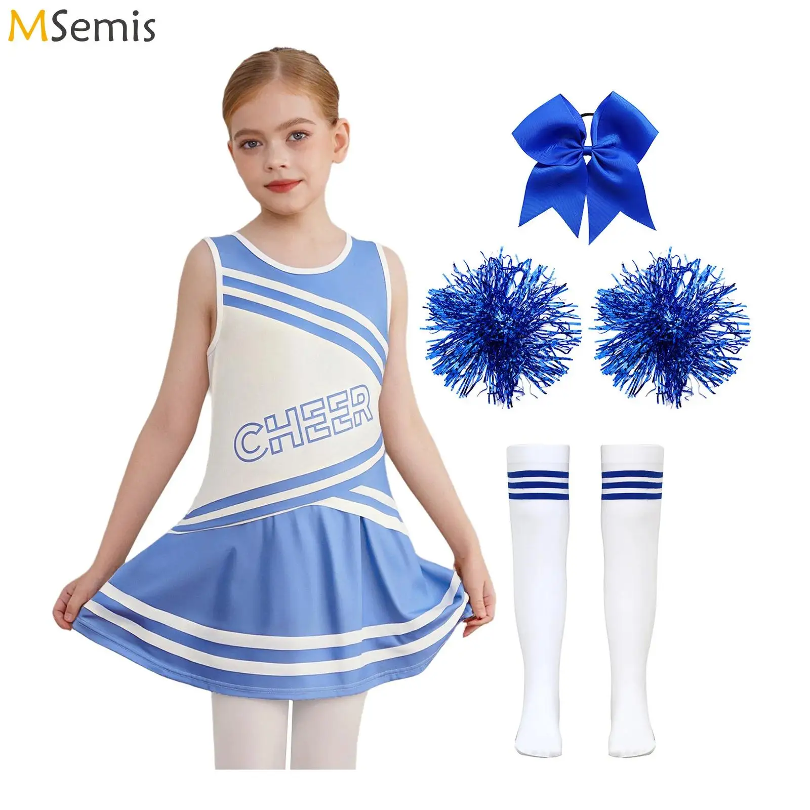 Kids Girls Cheer Leader Costume Cheerleading Uniform Cheer dance outfits Letters Printed Tops with Pleated Skirt Flower and Sock