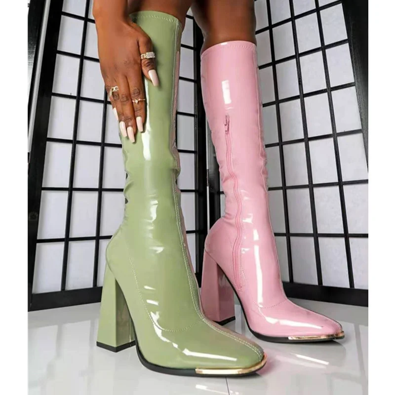 2022 Fashion Autumn Winter Solid Mid Calf Boots Women High Chunky Platform Big Szie 43 Elegant Office Lady Shoes Botas De Mujer