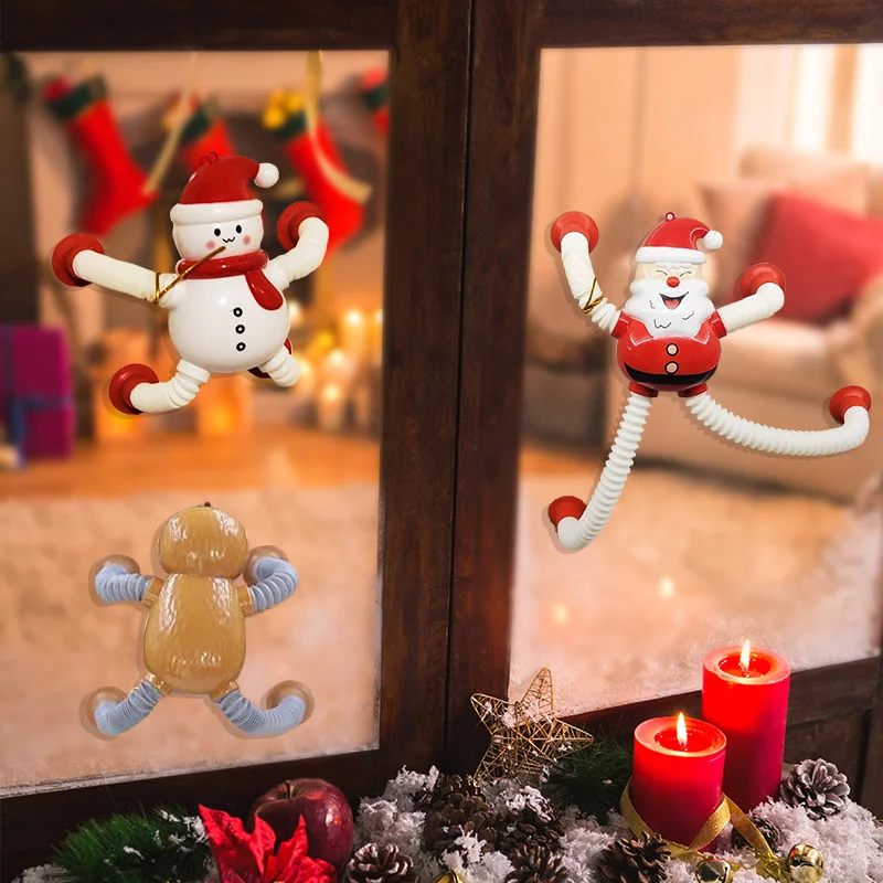 4Pcs Flexible Christmas Hanging Ornaments Set Santa Claus Elk Extendable Suction Cup Toy New Year Kids Gift Home Decoration