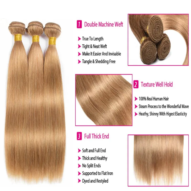 12-26 Inch Gold Straight Human Hair Bundles Double Weft Brazilian Virgin Remy Hair Extensions Weave Color 27 100G/PC human hair extensions