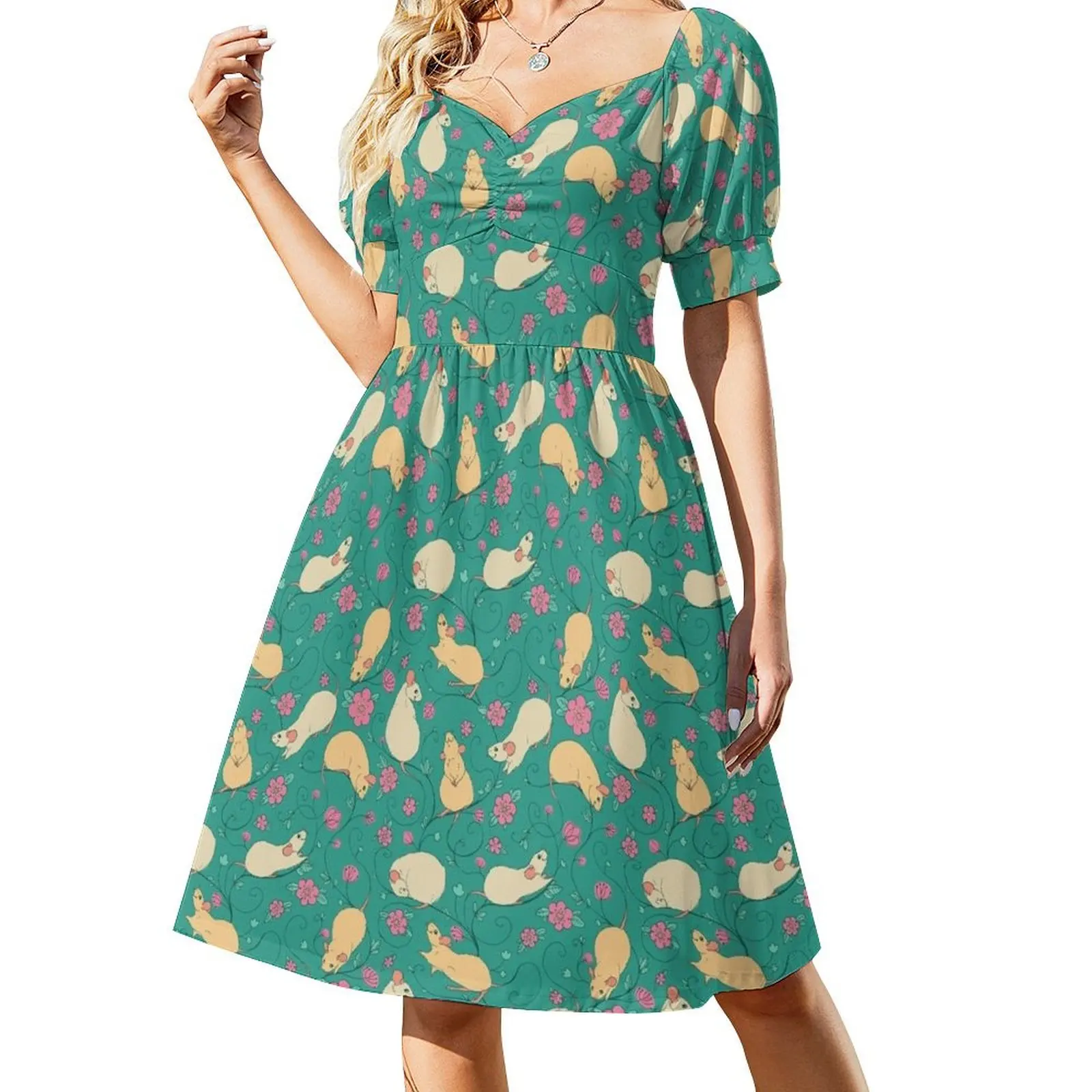 thumbnail image 1 of Vestido retro de manga corta con estampado floral de rata en rosa y verde azulado, vestidos de verano para mujer , ropa femenina, traje de verano para mujer, vestido, 1 of 7