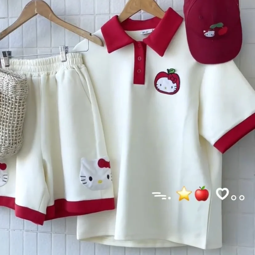 

Женский комплект из двух предметов с вышивкой Sanrio Helo Kittys, милый Повседневный мягкий модный костюм с шортами контрастных цветов для девушек, на лето