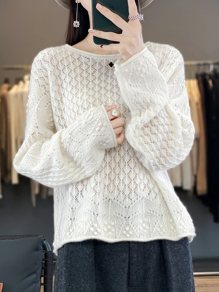 

Oversized Women Sweater 100%Merino Wool O-Neck Pullover Long Sleeve Hollow Jacquard Light Luxury Cashmere Women Luxury Brand Top