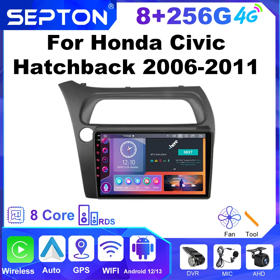 

SEPTON Car Stereo Radio Android 12 2Din For Honda Civic Hatchback 2006-2011 Multimedia Player CarPlay Navi GPS 4G NET 8core WIFI