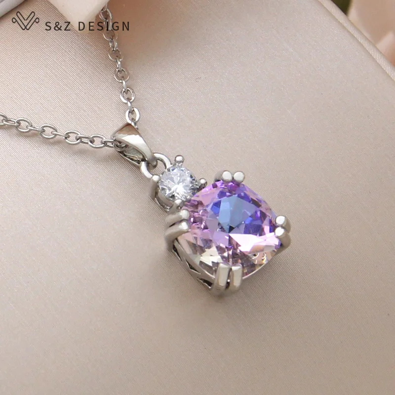 S&Z DESIGN New Fashion Classic 585 Rose Gold Color Square Crystal Pendant Necklace For Women Wedding Elegant Jewelry Gift