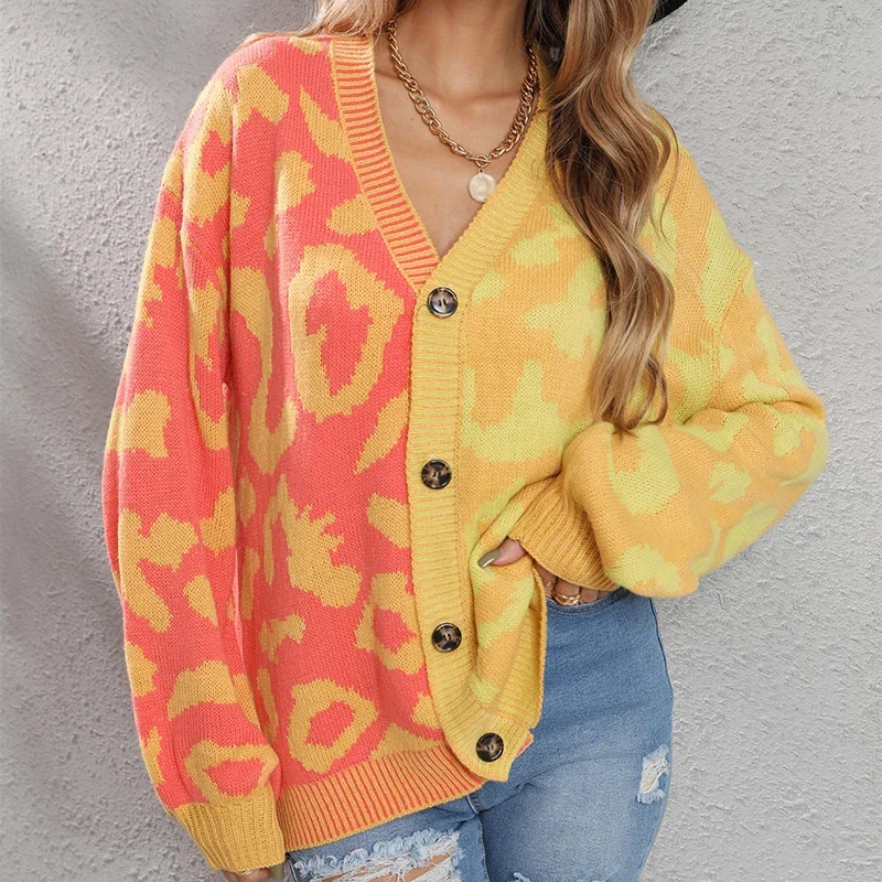 

Autumn Winter Pink Leopard Print Cardigan Women Knitted Sweater V-neck Female casual New Loose Button Coat Warm Cardigan Women