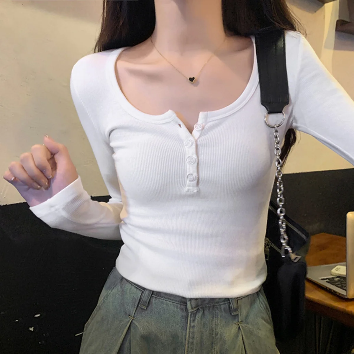Women Threaded Slim T-Shirt Button Half Open Collar Long Sleeve Solid Color Fit Top Spring Autumn Daily Casual Fashion Clothing 5