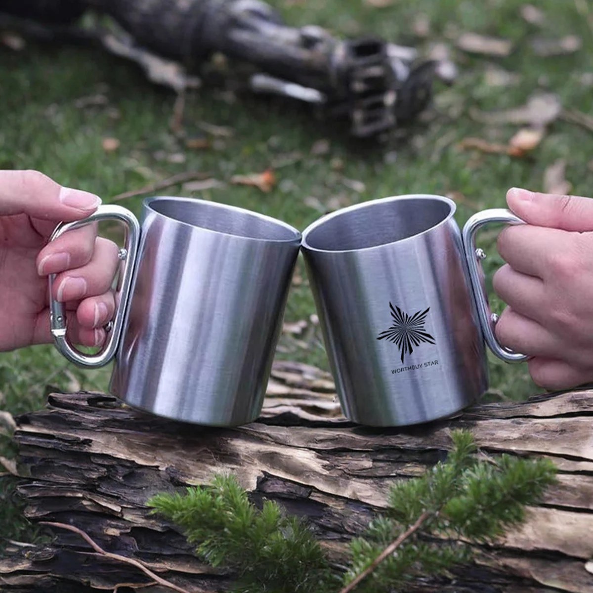 220/300ml Camping Travel Stainless Steel Cup Portable Coffee Tea Mug With Carabiner Handle Outdoor Hiking Drinkware