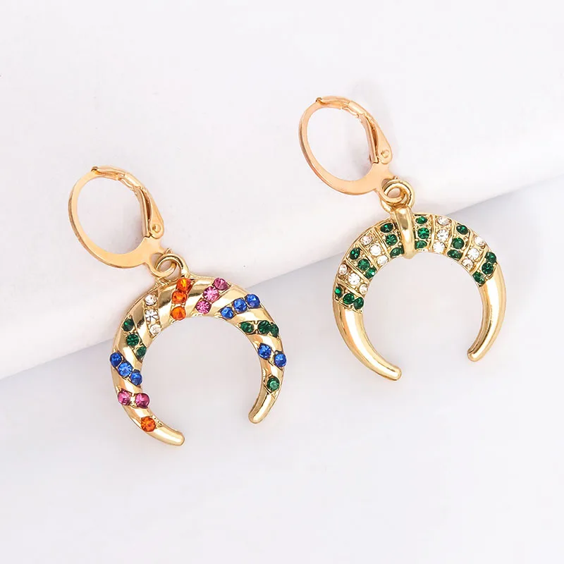 Bohemia Geometric Horns Moon Drop Earrings for Women Fashion Statement Multicolor Crystal Dangle Earrings Huggies for Wedding