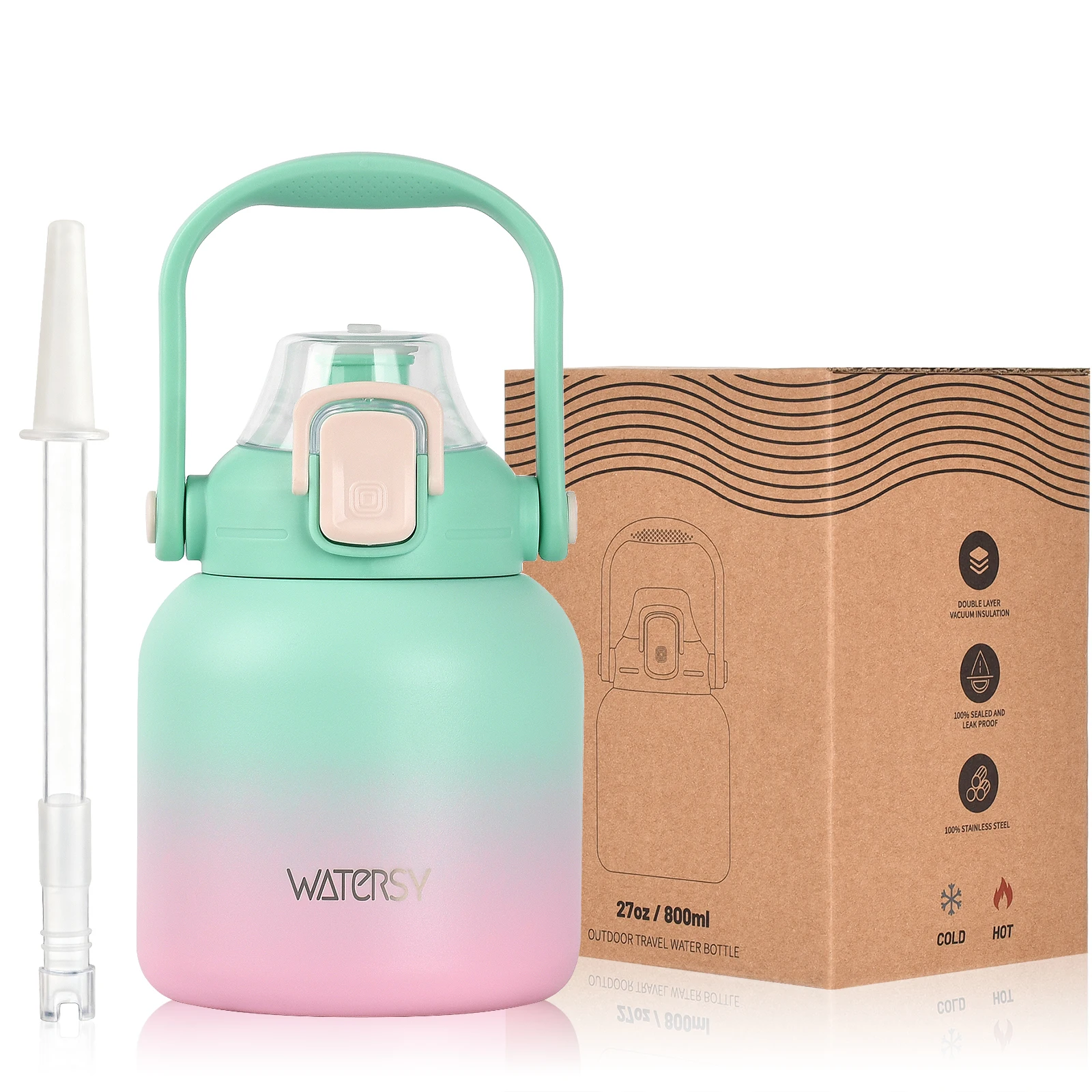 WATERSY 800ml Stainless Steel Water Bottle Double Wall Vacuum Insulated Thermal Cup with Straw & Handle, for Travel Gym Office
