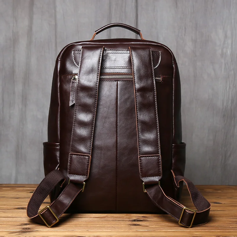 NZPJ Retro Genuine Leather Men's Backpack Fashion Backpack Top Layer Cowhide Computer Backpack Large Capacity Travel Bag
